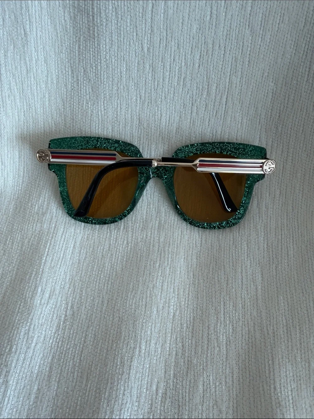 Gucci Emerald Green Glitter Square Sunglasses with Brown Lenses